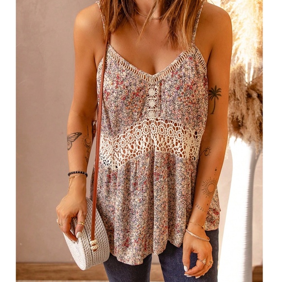 Boho Floral Print lace V neck Cami Straps Tank Top - Picture 1 of 6
